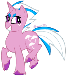 Size: 590x680 | Tagged: safe, artist:kharmacal, dazzleglow, unicorn, g1, beanbrows, catchlights, eyebrows, freckles, grin, horn, pink coat, purple eyes, purple hooves, redesign, simple background, smiling, solo, standing, standing on one leg, transparent background, two toned hair, unshorn fetlocks