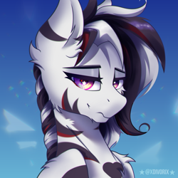 Size: 2000x2000 | Tagged: safe, artist:divori, oc, oc only, oc:star nova, hybrid, zebra, zebroid, zony, braid, bust, looking at you, male, pink eyes, smiling, smiling at you, solo, stallion