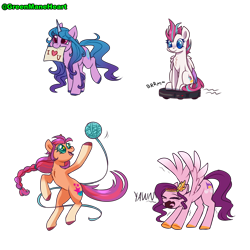 Size: 5000x5000 | Tagged: safe, artist:greenmaneheart, izzy moonbow, pipp petals, sunny starscout, zipp storm, earth pony, pegasus, pony, unicorn, g5, adorapipp, adorazipp, behaving like a cat, cute, female, horn, i love you, izzybetes, mare, mouth hold, paper, ponies riding roombas, roomba, simple background, stretching, sunnybetes, transparent background, vacuum cleaner, yarn, yarn ball, yawn