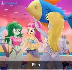 Size: 1849x1800 | Tagged: safe, artist:steyrrdash, derpy hooves, pinkie pie, rainbow dash, rarity, sour sweet, sunset shimmer, wallflower blush, fish, human, equestria girls, g4, beach, beach ball, belly, belly button, bikini, clothes, female, freckles, hat, shrug, sports, sunglasses, swimsuit, volleyball