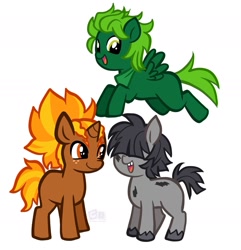 Size: 1921x1991 | Tagged: safe, artist:clarissasbakery, earth pony, pegasus, pony, unicorn, g4, alternate universe, bandana, battle for dream island, coat markings, colored hooves, colt, firey jr., flying, foal, freckles, grassy (battle for dream island), hair over eyes, hooves, horn, male, open mouth, open smile, ponified, rocky (battle for dream island), simple background, smiling, smirk, spread wings, trio, trio male, unshorn fetlocks, white background, wings