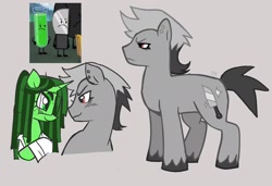 Size: 1906x1306 | Tagged: safe, artist:clarissasbakery, earth pony, pony, unicorn, g4, baseball, baseball (inanimate insanity), clothes, colored hooves, duo, duo male and female, ear piercing, eyeshadow, female, freckles, glasses, gray background, hooves, horn, inanimate insanity, knife, knife (inanimate insanity), lab coat, lidded eyes, looking at each other, looking at someone, makeup, male, mare, piercing, ponified, simple background, smiling, sports, stallion, suitcase, suitcase (inanimate insanity), test tube, test tube (inanimate insanity), unshorn fetlocks