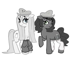 Size: 1395x1189 | Tagged: safe, artist:clarissasbakery, earth pony, pony, g4, clothes, duo, duo female, eyeshadow, female, floppy ears, freckles, hat, inanimate insanity, leg warmers, makeup, mare, pepper (inanimate insanity), ponified, raised hoof, salt (inanimate insanity), simple background, smiling, white background