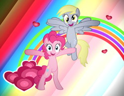 Size: 1016x787 | Tagged: safe, artist:reitanna-seishin, derpy hooves, pinkie pie, earth pony, pegasus, pony, g4, :d, bipedal, colorful, desktop background, duo, duo female, female, flying, heart, not shipping, open mouth, open smile, rainbow, smiling, wallpaper