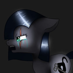 Size: 894x894 | Tagged: safe, artist:invader-madness, oc, oc only, oc:minkie pie, earth pony, pony, alternate cutie mark, angry, crying, ears back, eye scar, facial scar, gray background, green eyes, scar, simple background, solo