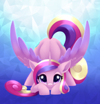 Size: 2256x2331 | Tagged: safe, artist:dusthiel, princess cadance, alicorn, pony, g4, :3, abstract background, ass up, cute, cutedance, ear fluff, face down ass up, female, gradient background, horn, leg fluff, looking at you, mare, smiling, solo, spread wings, wings