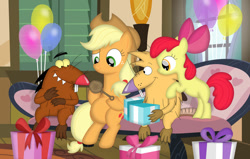 Size: 1121x713 | Tagged: safe, artist:porygon2z, apple bloom, applejack, beaver, earth pony, pony, g4, angry beavers, apple bloom's bow, apple sisters, applejack's hat, baby shower, balloon, bow, braid, couch, cowboy hat, crossover, daggett doofus beaver, female, filly, foal, hair bow, hat, indoors, male, mare, norbert beaver, pregnant, present, rattle, siblings, sisters, sitting, smiling