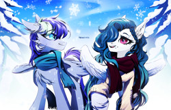 Size: 4794x3088 | Tagged: oc name needed, safe, artist:teturirusu, oc, oc only, oc:namii, pegasus, pony, clothes, commission, couple, female, halfbody, looking at each other, looking at someone, male, mare, piercing, scarf, snow, snowfall, snowflake, spread wings, stallion, wings, winter, ych result