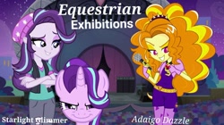 Size: 1024x575 | Tagged: safe, artist:bret bookspree, adagio dazzle, starlight glimmer, human, unicorn, equestria girls, g4, 2018, duo, equestrian exhibitions, horn, long description, rap battle, vs