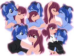 Size: 1920x1461 | Tagged: safe, artist:limedazzle, oc, oc only, oc:allen, oc:james, earth pony, pony, clothes, horns, hug, kissing, male, simple background, transparent background