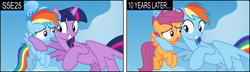 Size: 17044x4902 | Tagged: safe, artist:sollace, derpibooru exclusive, rainbow dash, scootaloo, twilight sparkle, alicorn, pegasus, pony, g4, my little pony: friendship is magic, the cutie re-mark, 2 panel comic, comic, duo, female, filly, filly rainbow dash, flying, foal, grin, out of context, side hug, smiling, twilight sparkle (alicorn), vector, younger