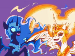 Size: 2732x2048 | Tagged: safe, artist:xian548627, daybreaker, nightmare moon, alicorn, pony, g4, chromatic aberration, duo, duo female, female, fire, open mouth, open smile, purple background, simple background, smiling