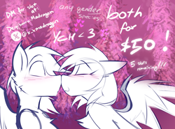 Size: 2700x2000 | Tagged: safe, artist:madragon, pegasus, :3, any gender, any race, any species, blushing, boop, chest fluff, closed eye, cute, duo, duo male and female, ear fluff, female, floppy ears, flower, holiday, looking at each other, looking at someone, male, noseboop, pink background, simple background, valentine's day