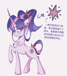 Size: 1887x2121 | Tagged: safe, artist:xian548627, twilight sparkle, pony, unicorn, g4, alternate design, chinese, female, full body, horn, mare, raised hoof, solo, text, unicorn twilight