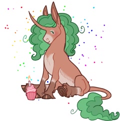 Size: 1238x1200 | Tagged: safe, artist:snowberry, oc, oc only, oc:sweet pea (snowberry), hybrid, mule, big ears, birthday, blushing, candle, confetti, cupcake, cute, food, frog (hoof), leonine tail, markings, muleicorn, simple background, sitting, smiling, tail, underhoof, unshorn fetlocks