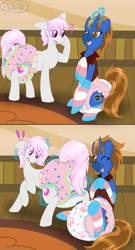 Size: 2700x5000 | Tagged: safe, artist:plinkie_poi, oc, oc only, oc:pink flame, oc:retro bit, earth pony, pony, unicorn, 2 panel comic, cheek fluff, clothes, comic, confused, cute, diaper, diaper fetish, diapered, duo, exclamation point, female, fetish, glowing, glowing horn, horn, indoors, laughing, magic, male, male to female, mare, non-baby in diaper, one eye closed, poofy diaper, question mark, rule 63, shocked, socks, stallion, striped socks, transformation, transgender, transgender transformation, two toned mane, vest, wink