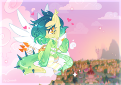 Size: 3910x2752 | Tagged: safe, artist:seurnik, oc, oc only, earth pony, goo, goo pony, lizard, lizard pony, original species, arrow, base artist:seurnik, belts, bow, clothes, cloud, cupid, green body, green hair, hears, holiday, lizard tail, orange eyes, ponyville, sitting, solo, spikes, spread wings, stockings, sunset, thigh highs, valentine's day, wings