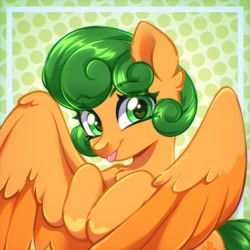 Size: 2560x2560 | Tagged: safe, artist:seurnik, oc, oc only, oc:orange flower, pegasus, pony, commission, cute, green eyes, green hair, happy, looking at you, orange coat, smiling, solo, tongue out, ych result