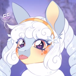 Size: 2500x2500 | Tagged: safe, artist:seurnik, oc, oc only, alpaca, big ears, big eyes, bleh, blue coat, curly mane, cute, headband, request, sketch, snow, snowflake, solo, spots, tongue out, white hair