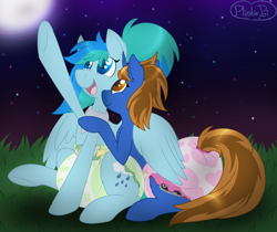 Size: 2500x2100 | Tagged: safe, artist:plinkie_poi, oc, oc only, oc:retro bit, oc:stormy waters, pegasus, pony, unicorn, bandana, cuddling, diaper, diaper fetish, duo, duo female, female, fetish, grass, grass field, happy, horn, hug, lesbian, looking at someone, looking up, mare, moon, night, non-baby in diaper, open mouth, outdoors, pointing, ponytail, poofy diaper, smiling, spread wings, stargazing, stars, tongue out, two toned mane, winghug, wings