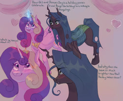 Size: 1700x1400 | Tagged: safe, artist:abbytabbys, princess cadance, queen chrysalis, alicorn, changeling, pony, series:chrysalis' diary, g4, female, hearts and hooves day, lesbian, ship:cadalis, shipping, text