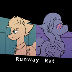 Size: 1400x1400 | Tagged: safe, artist:bkiltersot, hoity toity, street rat, earth pony, pony, fanfic:runway rat, g4, abstract background, belt, chest hair, clothes, cunning couture, duo, duo male, ear piercing, earring, facial hair, fanfic art, frown, glasses, jewelry, male, piercing, shirt, stallion, text