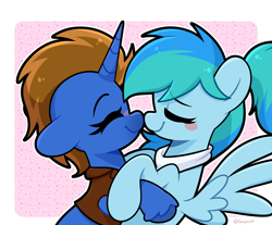 Size: 3912x3236 | Tagged: safe, artist:goyini01, oc, oc only, oc:retro bit, oc:stormy waters, pegasus, pony, unicorn, blushing, clothes, duo, duo female, eyes closed, female, horn, hug, lesbian, looking at each other, looking at someone, mare, neckerchief, nuzzling, ponytail, simple background, smiling, smiling at each other, spread wings, two toned mane, unshorn fetlocks, vest, wings