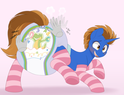 Size: 3066x2359 | Tagged: safe, artist:shuphle, oc, oc only, oc:retro bit, pony, unicorn, blushing, clothes, commission, diaper, diaper fetish, disembodied hand, female, fetish, grope, hand, horn, mare, non-baby in diaper, open mouth, patting, poofy diaper, shocked, simple background, socks, solo, striped socks, two toned mane, ych result