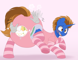 Size: 3066x2359 | Tagged: safe, alternate version, artist:shuphle, oc, oc only, oc:retro bit, pony, unicorn, blushing, clothes, diaper, diaper fetish, diapered, disembodied hand, female, fetish, grope, hand, horn, mare, non-baby in diaper, onesie, open mouth, patting, poofy diaper, shocked, simple background, socks, solo, striped socks, two toned mane