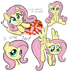 Size: 2000x2000 | Tagged: safe, artist:shychamomile, fluttershy, pegasus, pony, g4, bed, blanket, blush sticker, blushing, cute, flying, heart, heart eyes, looking at you, messy mane, shyabetes, solo, waking up, wingding eyes, wings