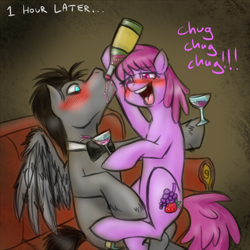 Size: 750x750 | Tagged: safe, artist:jitterbugjive, berry punch, berryshine, oc, oc:discord whooves, pegasus, g4, 2013, alcohol, blushing, bowtie, drink, female, male, old art, open mouth, tongue out, wine