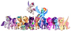 Size: 6120x2713 | Tagged: safe, artist:tankengine52, applejack, fluttershy, hitch trailblazer, izzy moonbow, misty brightdawn, pinkie pie, pipp petals, rainbow dash, rarity, sparky sparkeroni, spike, sunny starscout, twilight sparkle, zipp storm, alicorn, dragon, earth pony, pegasus, pony, unicorn, g4, g5, my little pony: a new generation, applejack's hat, blue coat, blue eyes, blue mane, blue tail, bracelet, cowboy hat, crown, curly mane, curly tail, cyan eyes, cyan mane, cyan tail, female, g4 to g5, generation leap, green eyes, hat, hitch and his heroine, horn, izzy and her heroine, jewelry, looking at you, male, mane five, mane fourteen, mane seven, mane seven (g5), mane six, mane six (g5), mane stripe sunny, mare, misty and her heroine, multicolored mane, multicolored tail, orange coat, pink coat, pink mane, pink tail, pipp and her heroine, purple eyes, purple mane, regalia, simple background, sparky and his hero, spread wings, stallion, sunny and her heroine, tail, tan mane, tan tail, transparent background, twilight sparkle (alicorn), white coat, winged spike, wings, yellow coat, zipp and her heroine