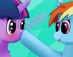 Size: 3297x2560 | Tagged: safe, artist:dobryak, derpibooru exclusive, rainbow dash, twilight sparkle, pegasus, pony, unicorn, g4, blushing, boop, female, high res, horn, mare, solo, tongue out