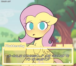 Size: 2048x1791 | Tagged: safe, artist:eltrash_art6, fluttershy, pegasus, pony, g4, blushing, cute, dating, dating sim, female, holiday, mare, open mouth, shyabetes, solo, spanish, text box, translation request, tree, valentine's day