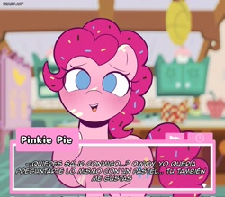 Size: 2048x1791 | Tagged: safe, artist:eltrash_art6, pinkie pie, earth pony, pony, g4, blushing, cute, dating, dating sim, diapinkes, female, flour, food, holiday, mare, open mouth, raised hoof, solo, spanish, sprinkles, text box, translation request, valentine's day