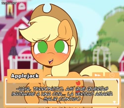 Size: 2048x1791 | Tagged: safe, artist:eltrash_art6, applejack, earth pony, pony, g4, applejack's hat, blushing, cowboy hat, cute, dating, dating sim, female, freckles, hat, holiday, jackabetes, mare, open mouth, raised hoof, solo, spanish, sweet apple acres, text box, translation request, valentine's day