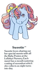 Size: 550x1000 | Tagged: safe, sweet stuff, earth pony, pony, twinkle eyed pony, g1, my little pony fact file, official, bow, cute, female, g1 backstory, mare, open mouth, open smile, smiling, solo, sweet sweet stuff, tail, tail bow, text, trademark