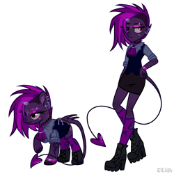 Size: 1800x1800 | Tagged: safe, artist:eilidh-draw, oc, oc only, oc:gothic gleam, earth pony, undead, vampire, equestria girls, g4, boots, chains, choker, clothes, devil tail, ear piercing, earring, equestria girls-ified, eyebrow piercing, eyeshadow, fangs, female, high heel boots, jewelry, makeup, mare, markings, piercing, raised hoof, ripped stockings, scar, shirt, shoes, simple background, skirt, socks, solo, spiked choker, stockings, tail, tattoo, thigh highs, torn clothes, transparent background, unshorn fetlocks, vest, wristband