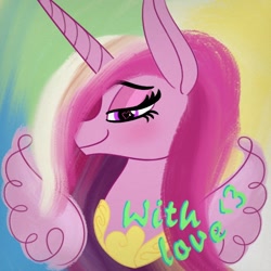 Size: 1024x1024 | Tagged: safe, artist:kujivunia, princess cadance, queen chrysalis, alicorn, g4, abstract background, big ears, blushing, bust, female, floating wings, heart, heart eyes, holiday, implied queen chrysalis, implied shining armor, implied shipping, infidelity, lesbian, lidded eyes, looking at you, mare, portrait, ship:cadalis, shipping, smiling, solo, valentine's day, valentine's day card, wingding eyes, wings