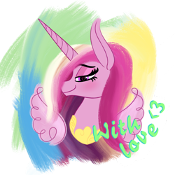 Size: 1536x1536 | Tagged: safe, artist:kujivunia, edit, princess cadance, queen chrysalis, alicorn, g4, abstract background, big ears, blushing, bust, female, floating wings, heart, heart eyes, holiday, implied queen chrysalis, implied shining armor, implied shipping, infidelity, lesbian, lidded eyes, looking at you, mare, portrait, ship:cadalis, shipping, simple background, smiling, solo, transparent background, valentine's day, valentine's day card, wingding eyes, wings