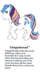 Size: 550x1000 | Tagged: safe, gingerbread, earth pony, pony, twinkle eyed pony, g1, my little pony fact file, official, bow, closed mouth, cute, female, g1 backstory, gingerbetes, mare, raised hoof, smiling, solo, tail, tail bow, text, trademark