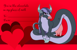 Size: 3156x2028 | Tagged: safe, artist:badumsquish, derpibooru exclusive, oc, oc only, oc:natasa, ophiotaurus, g4, bedroom eyes, female, flirting, heart, holiday, horns, implied lactation, looking at you, lying down, ophiotaurus oc, show accurate, smiling, smirk, solo, udder, valentine, valentine's day, valentine's day card