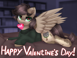 Size: 4000x3000 | Tagged: safe, artist:taiweiart, oc, oc only, oc:tayer, pegasus, pony, brown mane, clothes, detailed background, green eyes, heart, holiday, looking at you, lying down, room, solo, spotted, sweater, valentine's day, wings