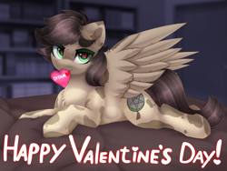 Size: 4000x3000 | Tagged: safe, artist:taiweiart, oc, oc only, oc:tayer, pegasus, pony, bed, bookshelf, brown mane, detailed background, heart, holiday, looking at you, lying down, room, solo, spotted, valentine's day, wings