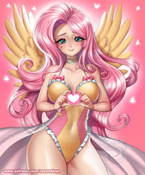 Size: 1200x1442 | Tagged: safe, artist:racoonsan, fluttershy, human, g4, breasts, busty fluttershy, clothes, corset, cute, female, heart, heart eyes, holiday, humanized, leotard, pink background, reasonably sized breasts, shyabetes, simple background, solo, valentine's day, wingding eyes, winged humanization, wings