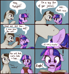 Size: 1300x1396 | Tagged: safe, artist:dosh, twilight sparkle, oc, unnamed oc, alicorn, earth pony, series:dosh's mare-a-thon, g4, book, comic, creepy, creepy smile, dialogue, duo, duo male and female, exclamation point, female, floppy ears, gradient background, grin, heavy breathing, male, mare, onomatopoeia, open mouth, open smile, self insert, shocked, shocked expression, smiling, stallion, text, twilight sparkle (alicorn), unnamed character, whispering