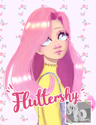 Size: 1700x2210 | Tagged: safe, artist:iristheeye, fluttershy, human, g4, bag, blue eyes, clothes, cute, dilated pupils, eyebrows, female, humanized, lipstick, long hair, looking up, photo, picture, pink hair, shyabetes, simple background, solo, white background, yellow shirt