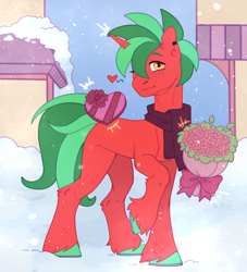 Size: 2000x2200 | Tagged: safe, artist:dereketto, oc, oc:purple trove, pony, unicorn, chocolate, clothes, ear piercing, earring, flower, food, horn, horseshoes, jewelry, looking at you, magic, one eye closed, piercing, scarf, snow, snowfall, solo, telekinesis, unshorn fetlocks, wink, winking at you