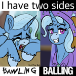 Size: 1046x1046 | Tagged: safe, artist:reddthebat, trixie, pony, unicorn, g4, colored muzzle, crying, ear fluff, eyes closed, female, grin, homophones, horn, lidded eyes, mare, meme, open mouth, ponified meme, signature, smiling, text, unshorn fetlocks