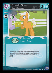 Size: 344x480 | Tagged: safe, enterplay, emerald green, green gem, rainbow swoop, earth pony, pony, g4, my little pony collectible card game, my little pony: friendship is magic, premiere, the super speedy cider squeezy 6000, ccg, cider, cider mug, fence, looking at each other, looking at someone, male, mug, raised hoof, smiling, solo focus, stallion, tail